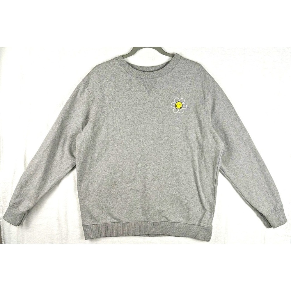Recycled Threads Gray L Crewneck Fleece Pullover Sweatshirt Smiley Graphic - Picture 2 of 7